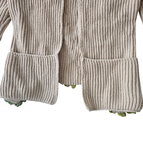 Handmade Beige Open-Front Knit Cardigan Upcycled With Floral Crochet Accents - Picture 3 of 14